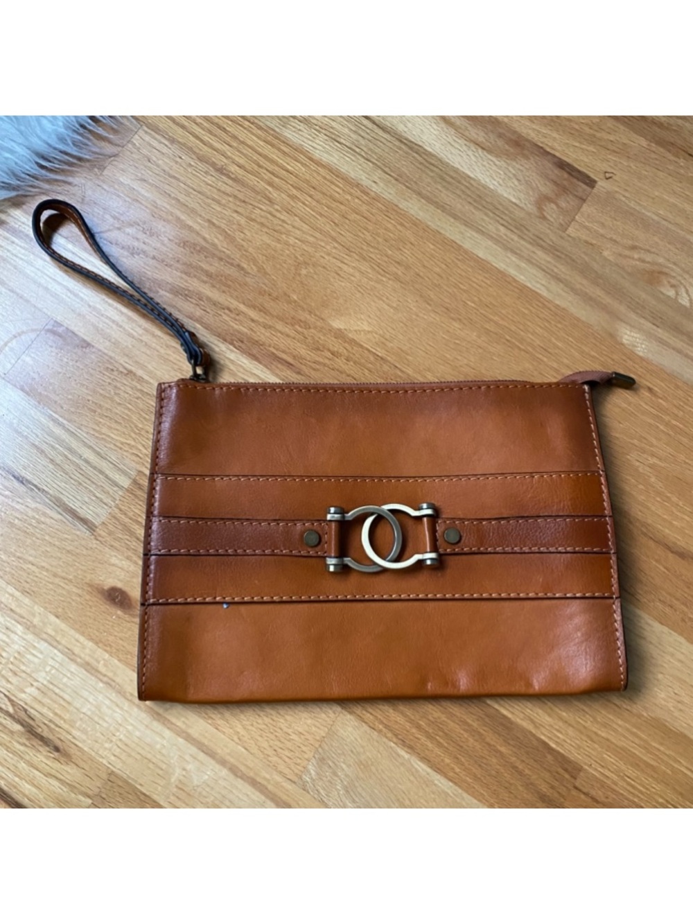 Tan Leather Wristlet Clutch with Silver Accent NEW